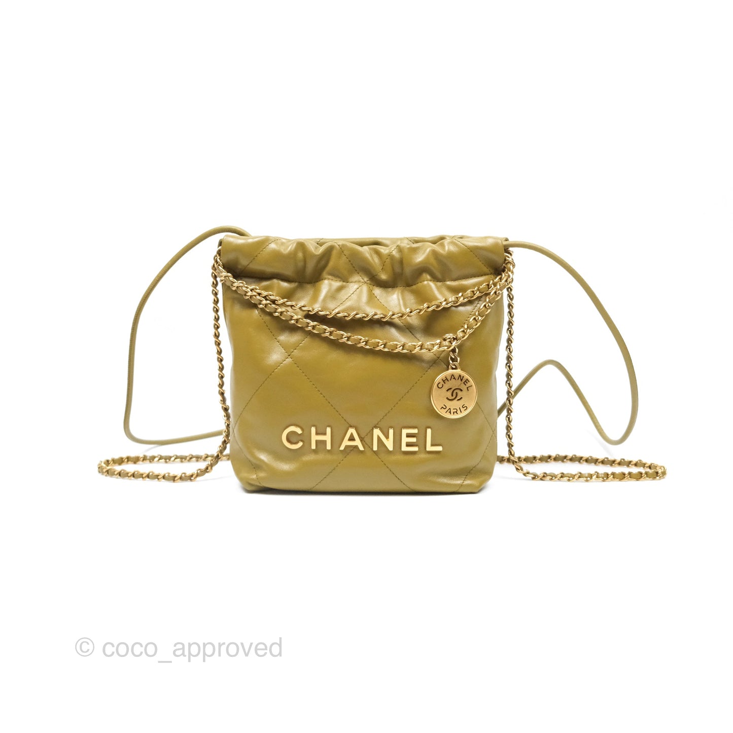 Chanel 22 Mini Bag Olive Shiny Crumpled Calfskin Aged Gold Hardware