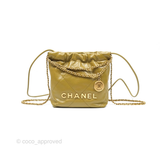 Chanel 22 Mini Bag Olive Shiny Crumpled Calfskin Aged Gold Hardware