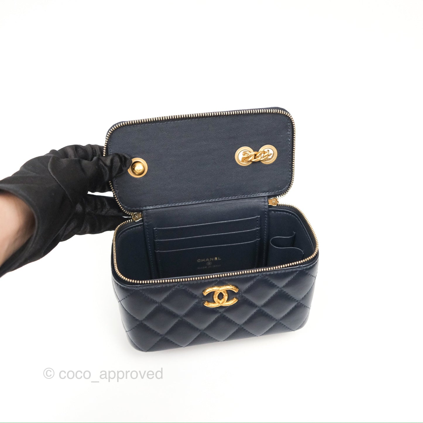 Chanel All Slide Vanity with Adjustable Chain Navy Lambskin Aged Gold Hardware