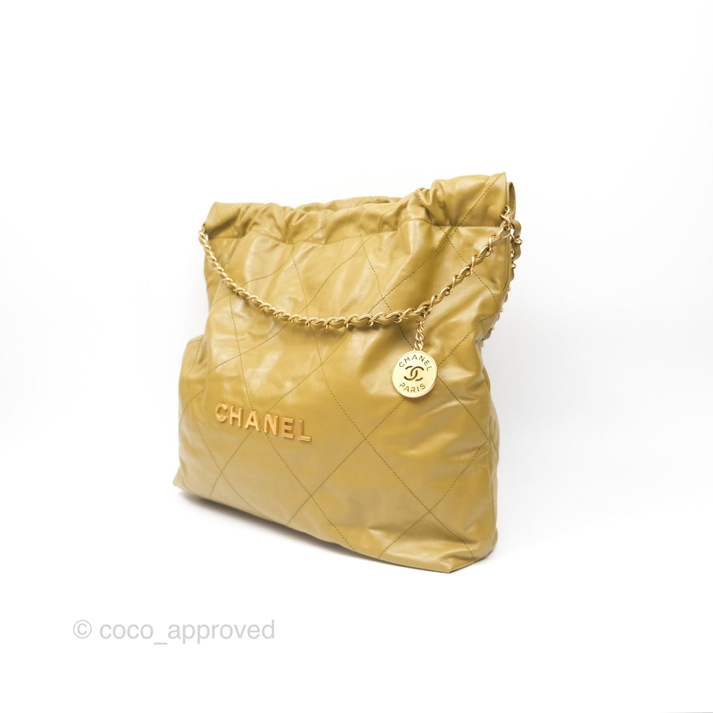 Chanel 22 Medium Olive Shiny Crumpled Calfskin Aged Gold Hardware