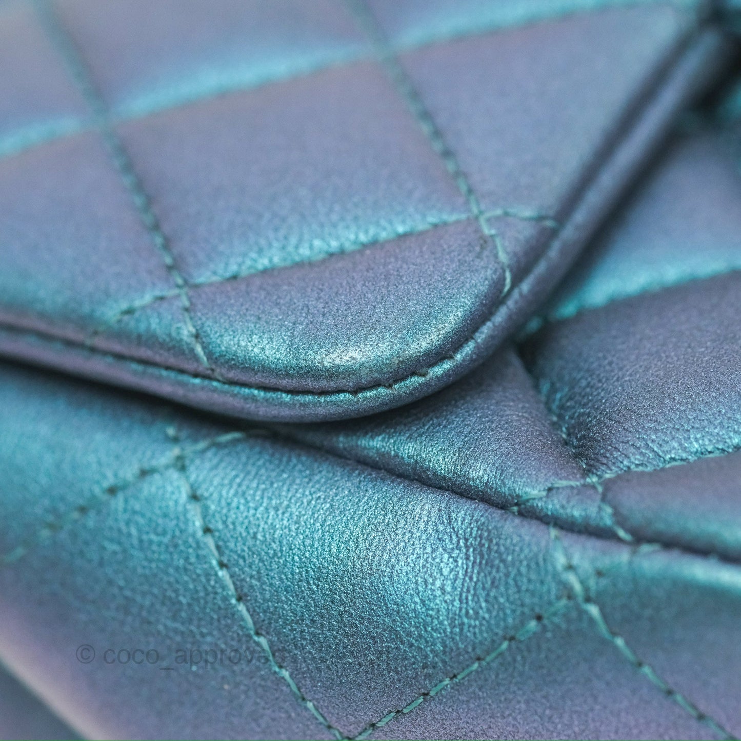 Chanel Mini Square Flap Quilted Iridescent Teal Lambskin Gun Metal