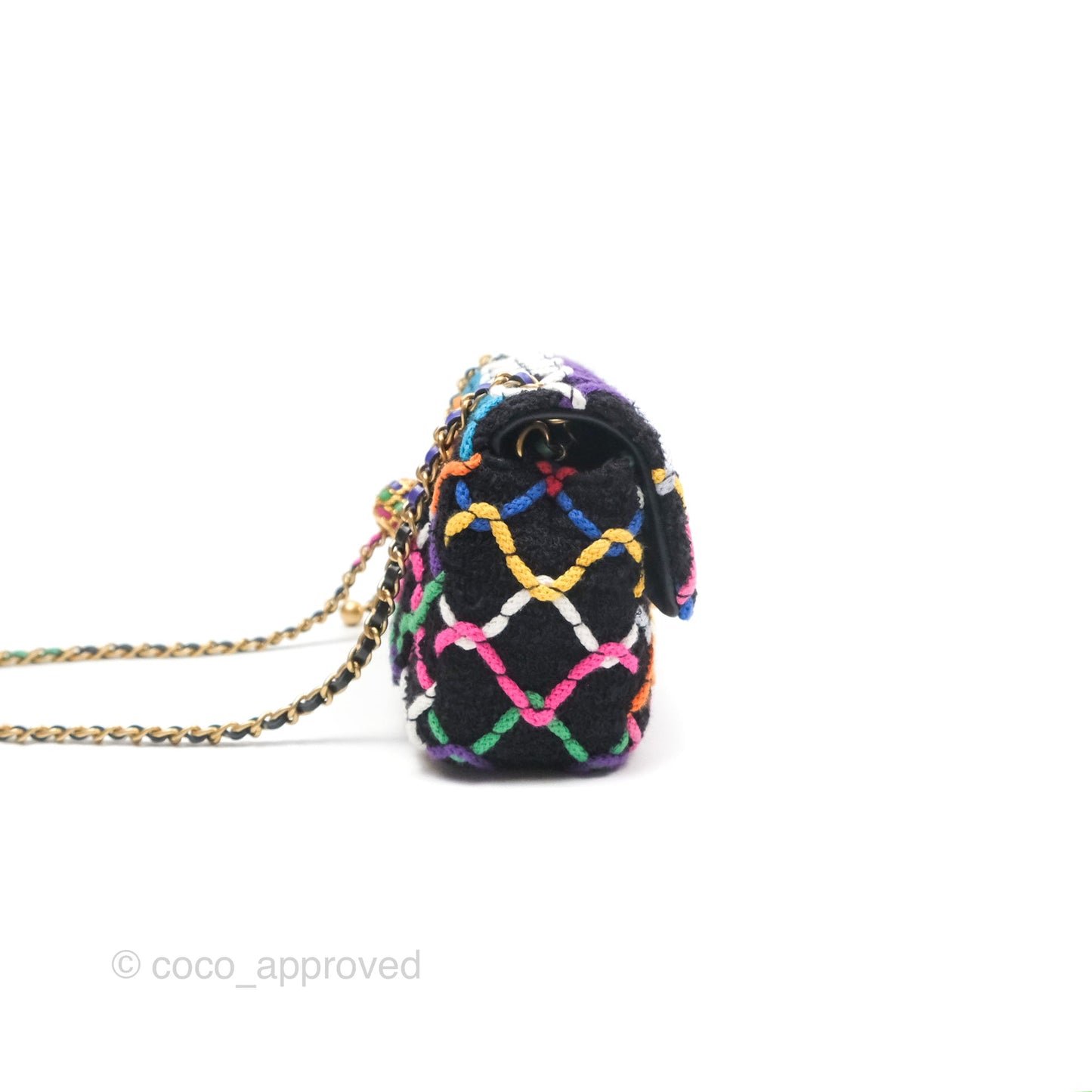 Chanel Mini Rectangular Pearl Crush Quilted Multicolor Tweed Aged Gold Hardware 22S