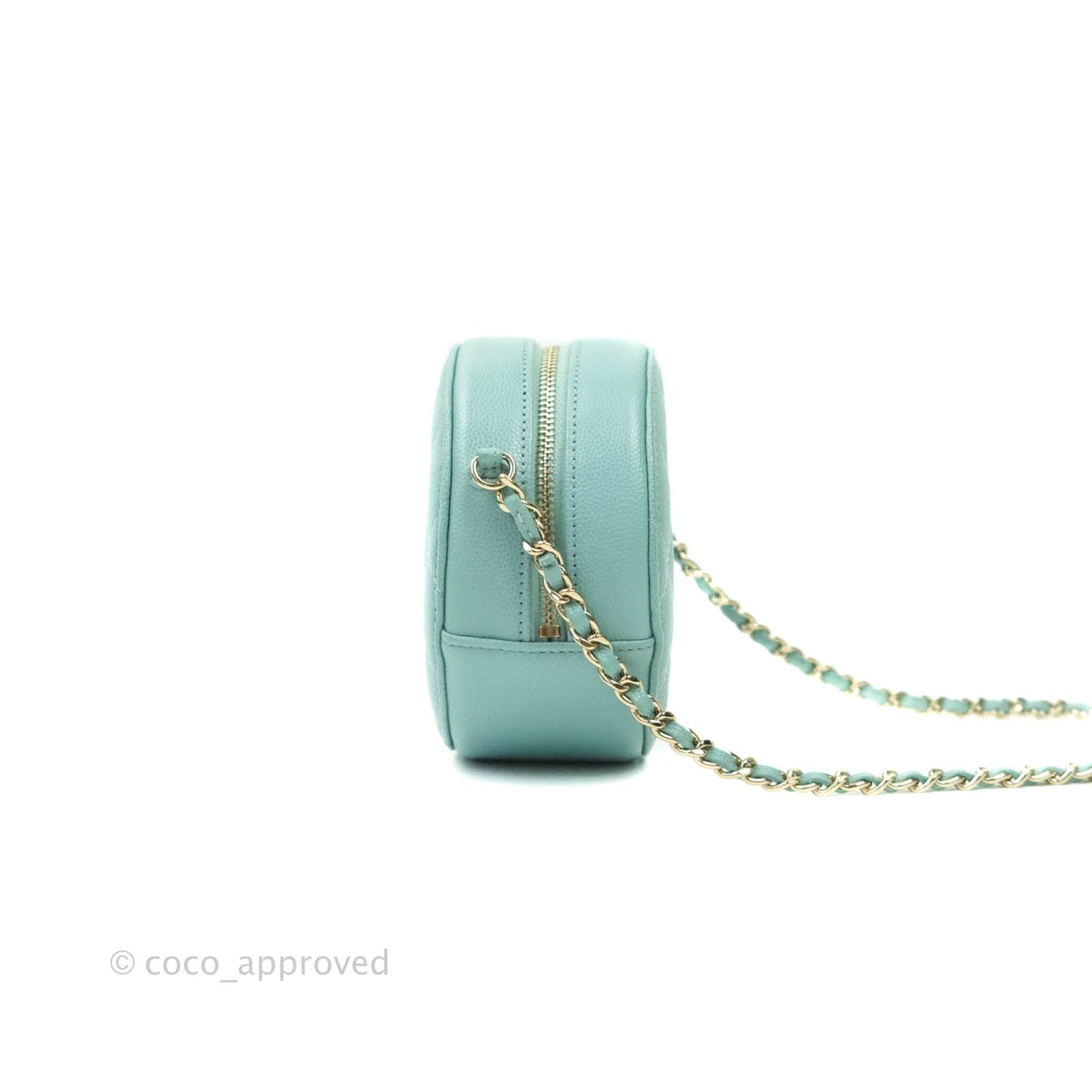 Chanel Classic Quilted Round Clutch With Chain Tiffany Blue Caviar Gold Hardware
