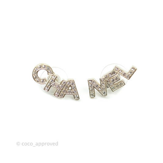 Chanel Crystal Pearl Signature Stud Earrings Gold Hardware 21V