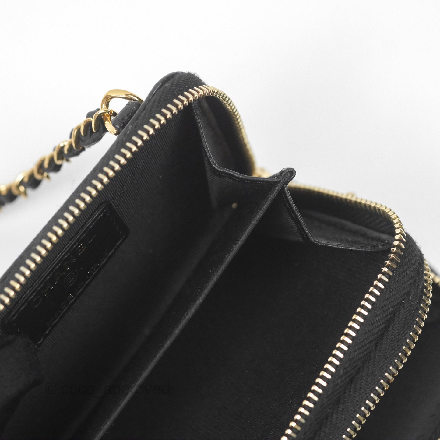 Chanel Miss Coco Quilted Zip Card Holder on Chain Black Caviar Gold Hardware