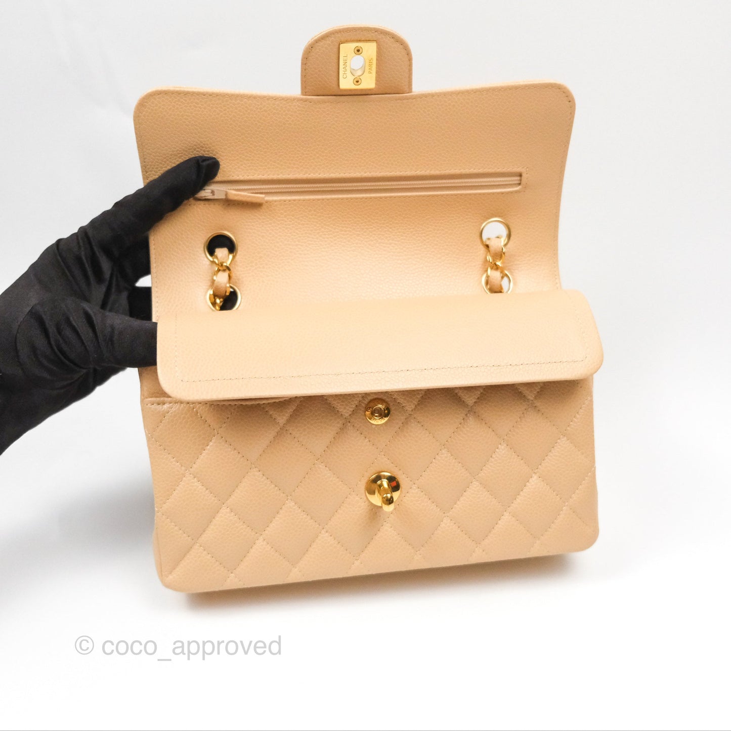 Chanel Small Quilted Classic Flap Beige Caviar Gold Hardware