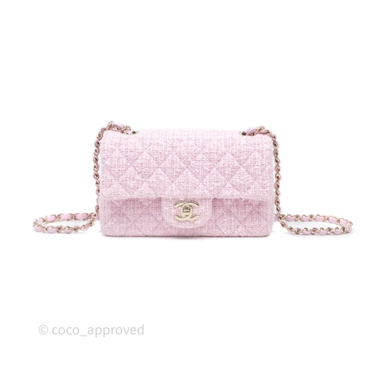 Chanel Classic Mini Rectangular Flap Pink Tweed Gold Hardware