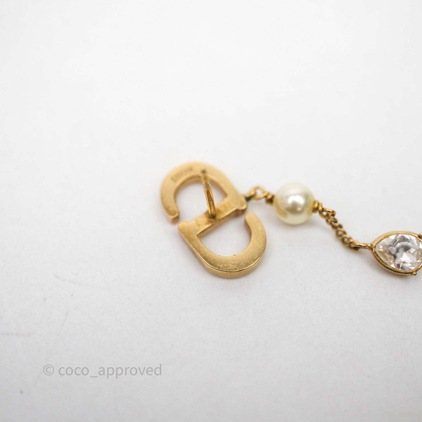 Christian Dior Pearl Crystal CD Drop Earrings Gold Tone