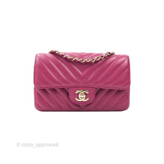 Chanel Chevron Mini Rectangular Lambskin Flap Bag Dark Pink Gold Hardware