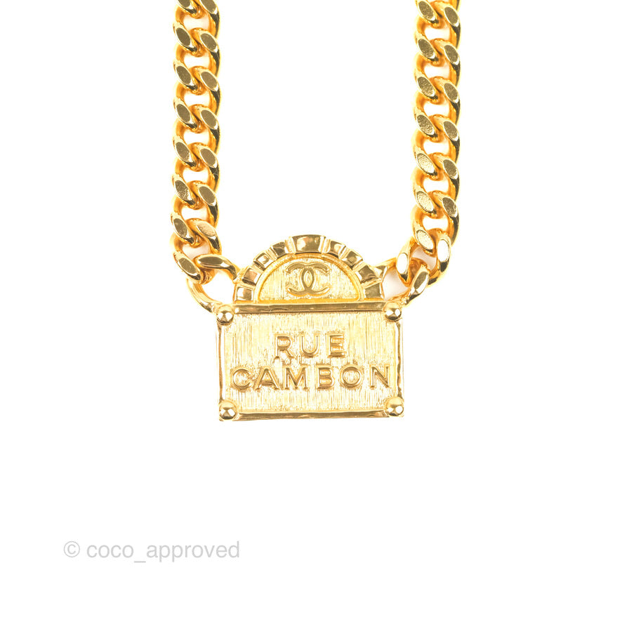 Chanel Rue Cambon Plate Pendant Chain Necklace Gold Tone 22A