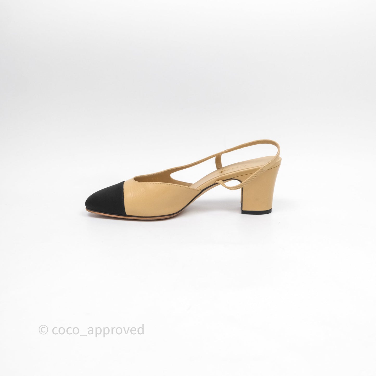 Chanel Classic Slingback Beige Black Leather Size 37