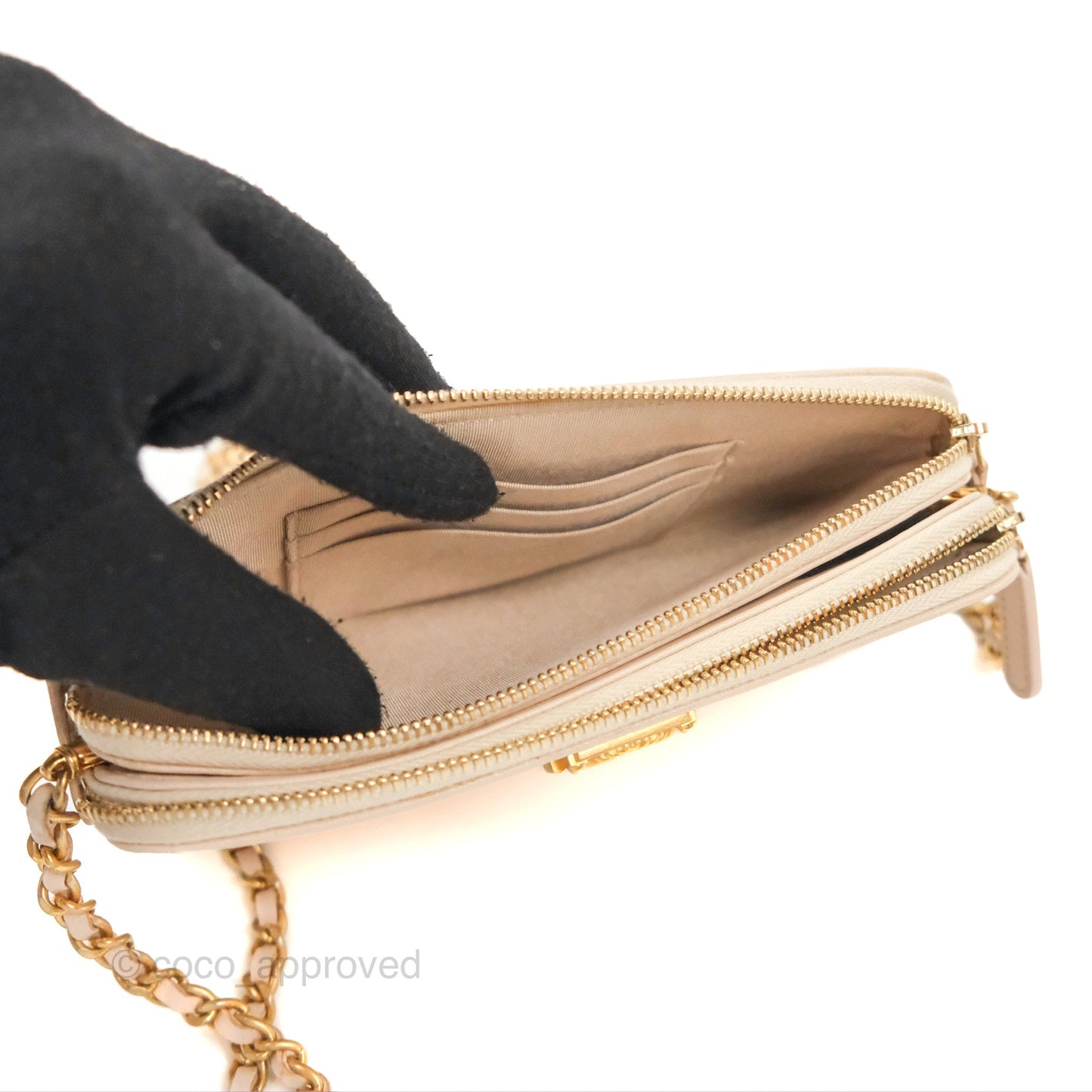 Chanel Boy Double Zip Clutch On Chain Chevron Pale Beige Aged Gold Hardware