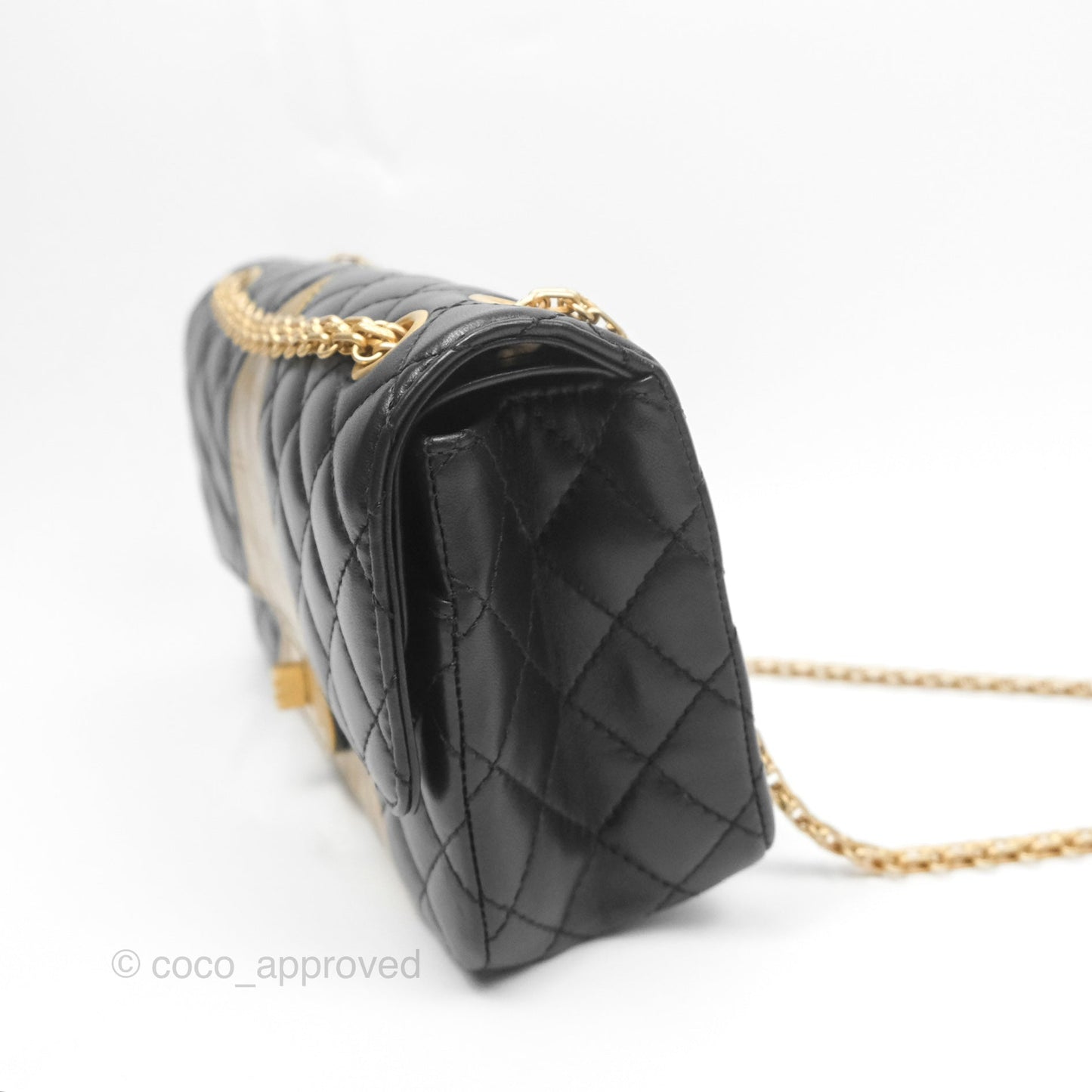 Chanel Reissue 2.55 Metallic Gold Crocodile Embossed Calfskin And Black Quilted Lambskin Aged Gold Hardware