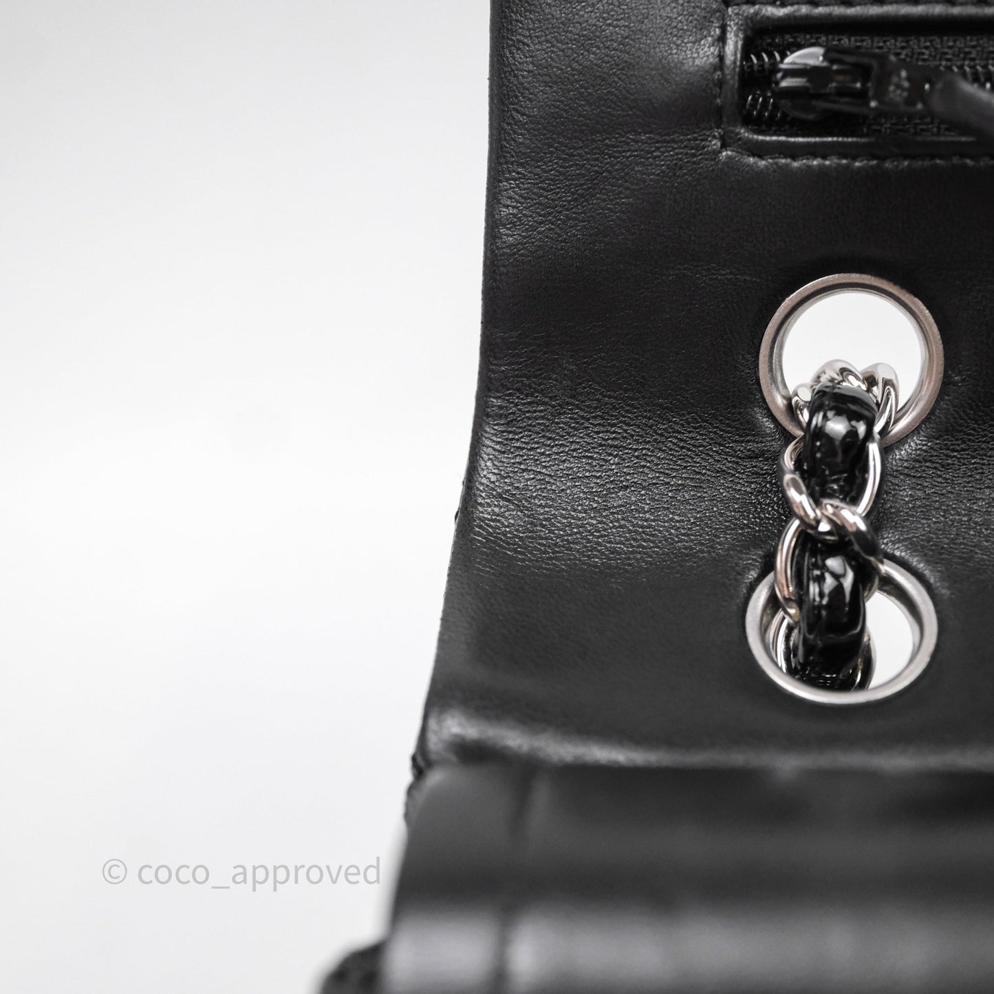 Chanel Medium Classic Flap Quilted Black Patent Silver Hardware