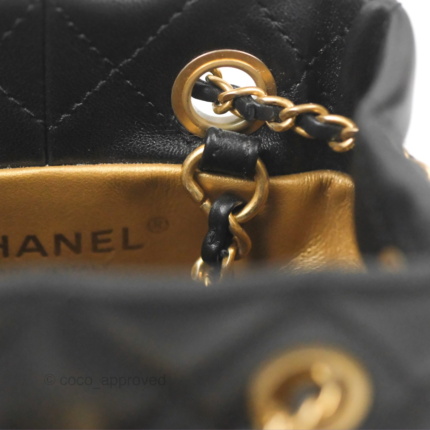Chanel Pearl Crush Bucket Bag Black Lambskin Aged Gold Hardware