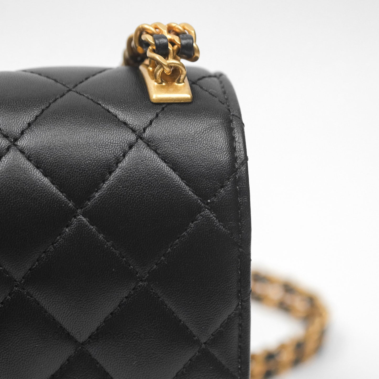 Chanel Flap Bag with Logo Enamel Chain Black Lambskin 22B