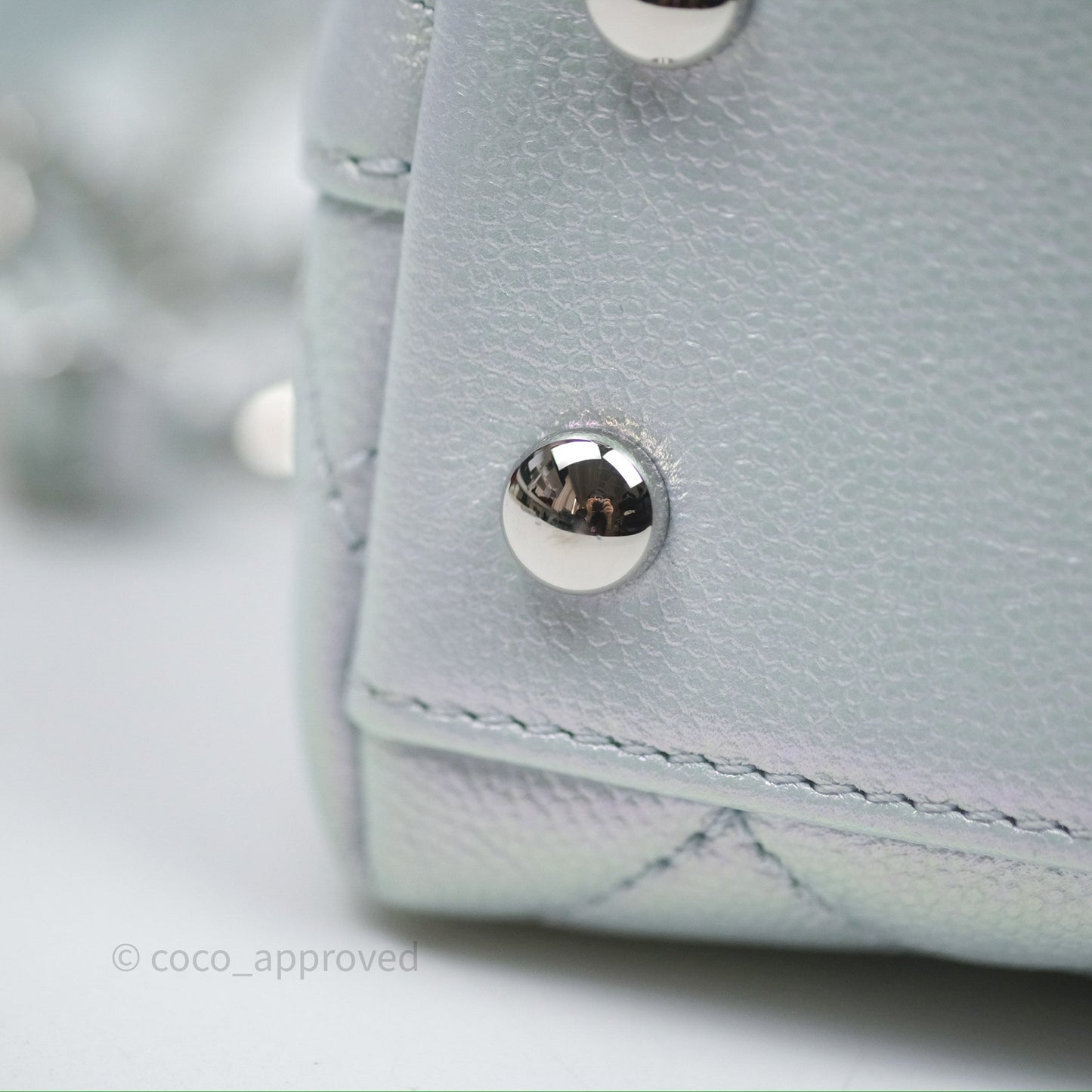 Chanel Mini Coco Handle Quilted Iridescent Light Blue Caviar Rainbow Hardware