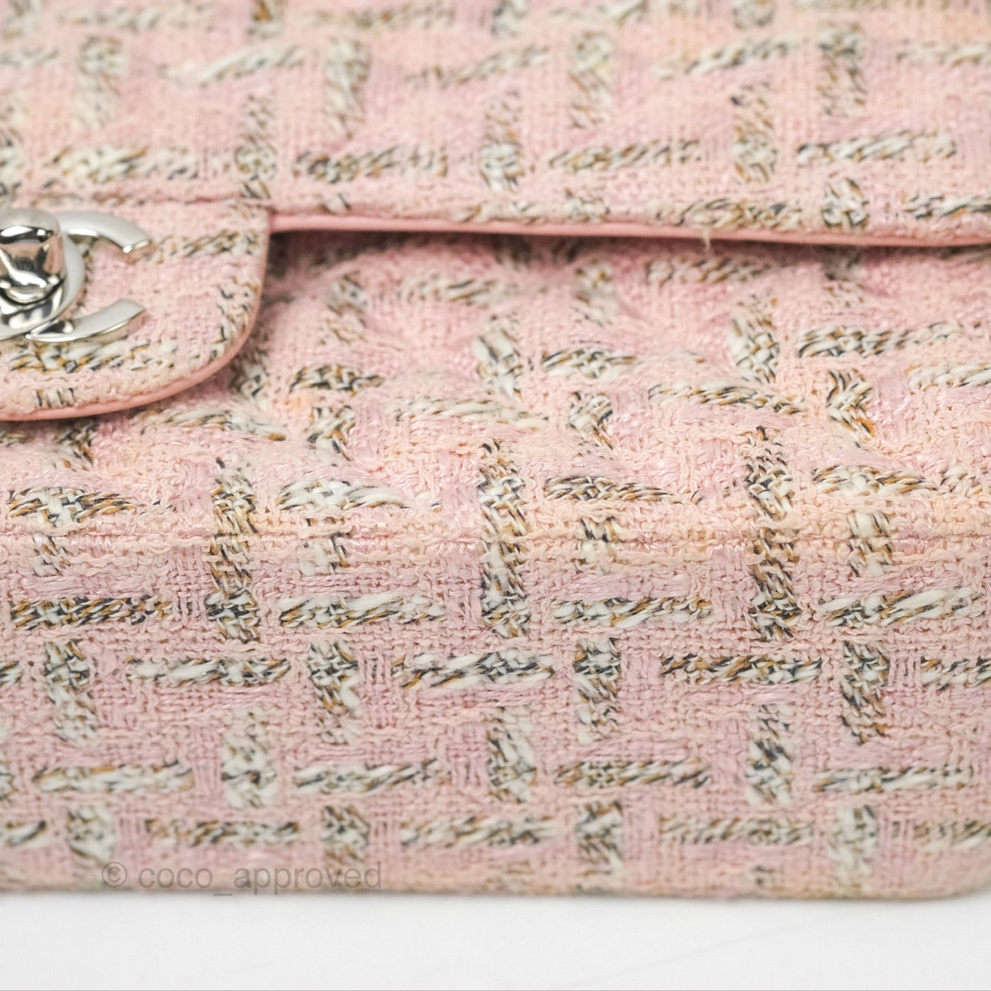 Chanel Classic M/L Medium Flap Quilted Pink Tweed Silver Hardware