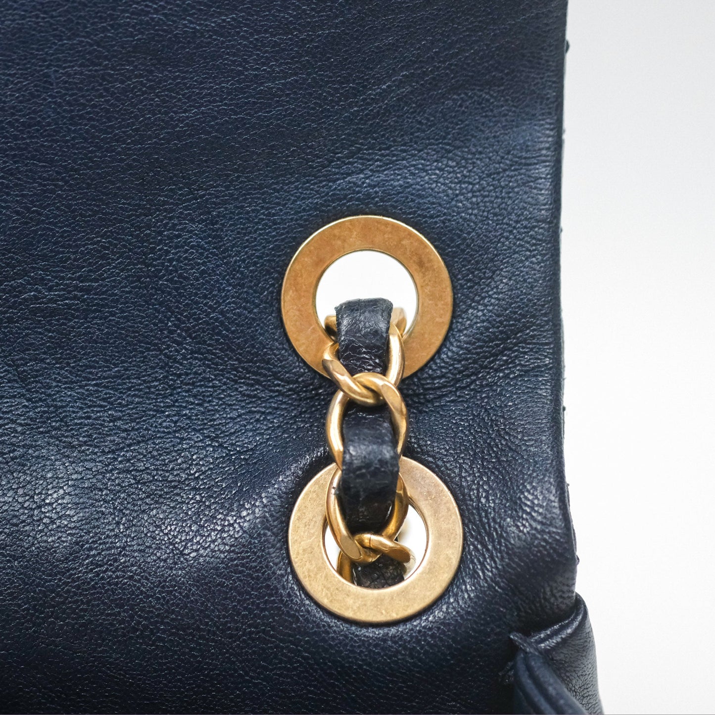 Chanel Small Chevron Surpique Flap Navy Calfskin Aged Gold Hardware