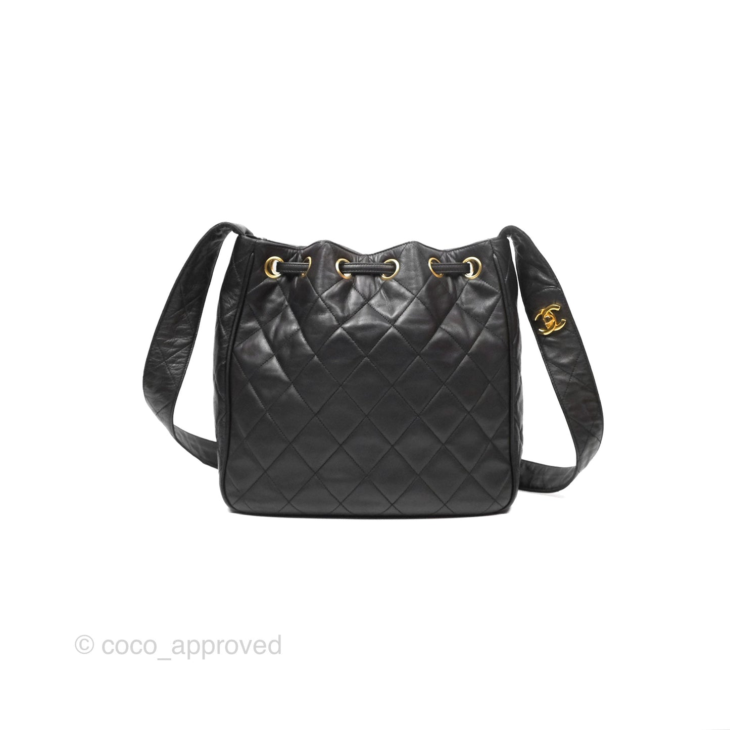 Chanel Vintage Drawstring Bucket Bag Black Lambskin Gold Hardware