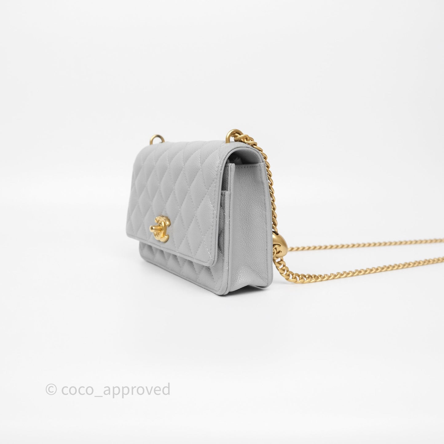 Chanel Heart Adjustable Chain WOC Grey Caviar Aged Gold Hardware
