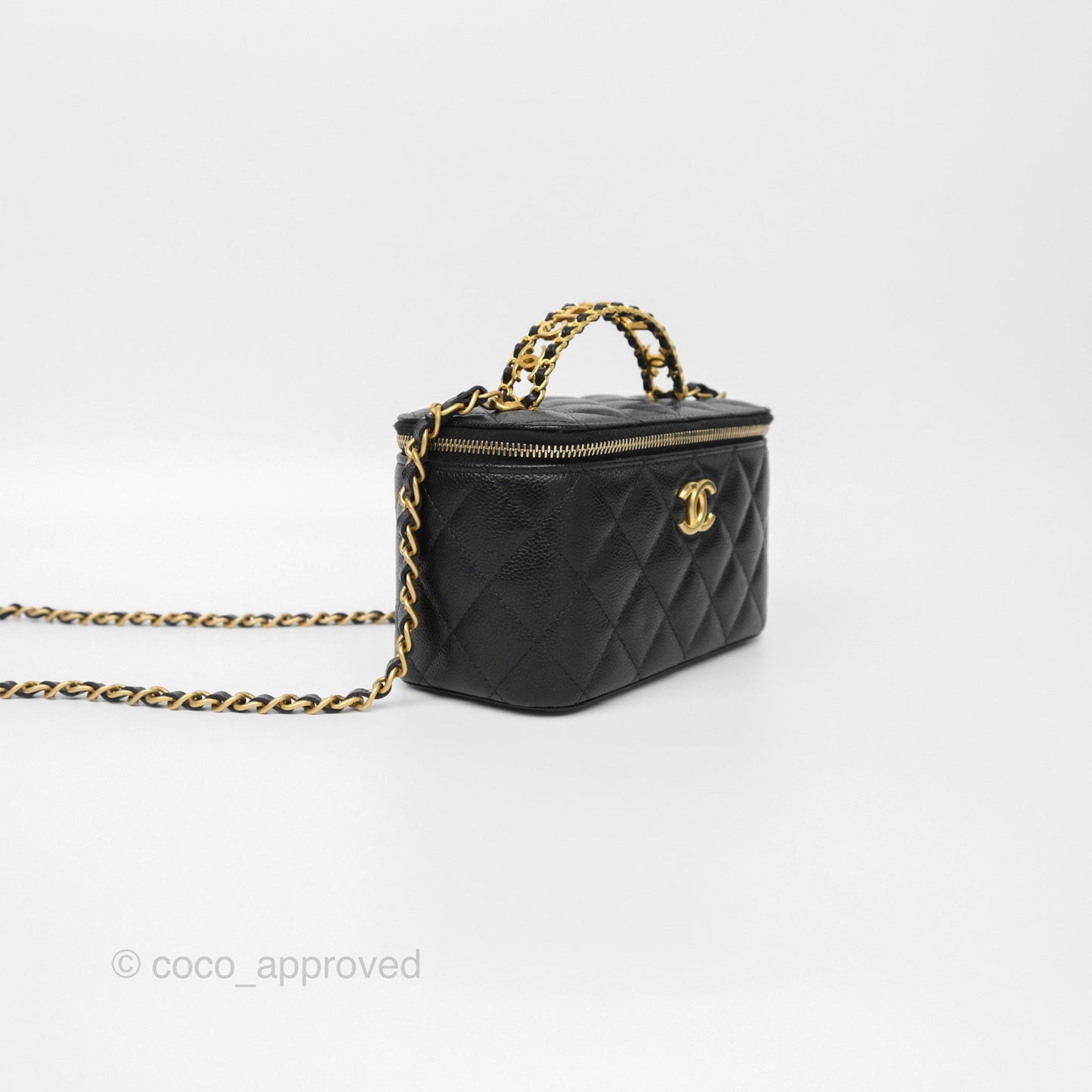 Chanel Logo Top Handle Vanity Rectangular Black Caviar Aged Gold Hardware