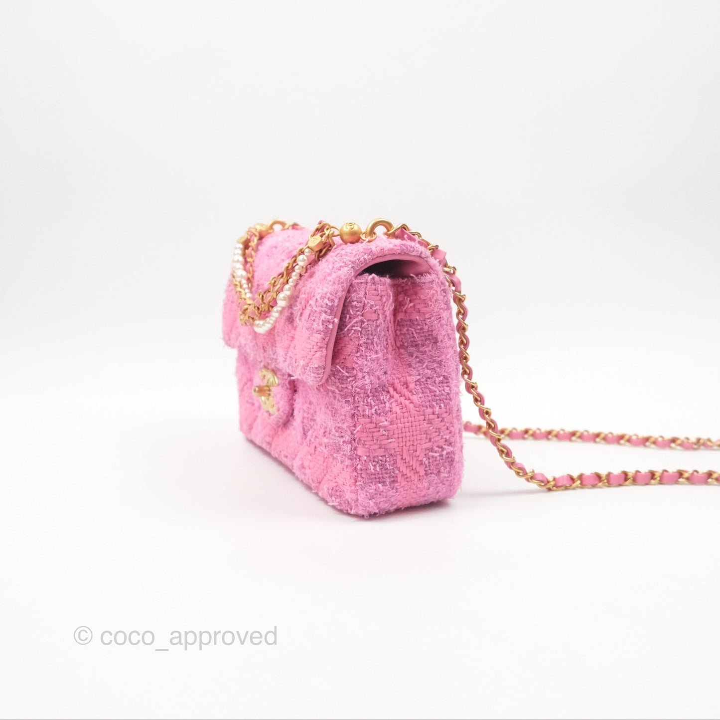 Chanel Mini Flap Bag with Pearl Chain Pink Tweed Aged Gold Hardware