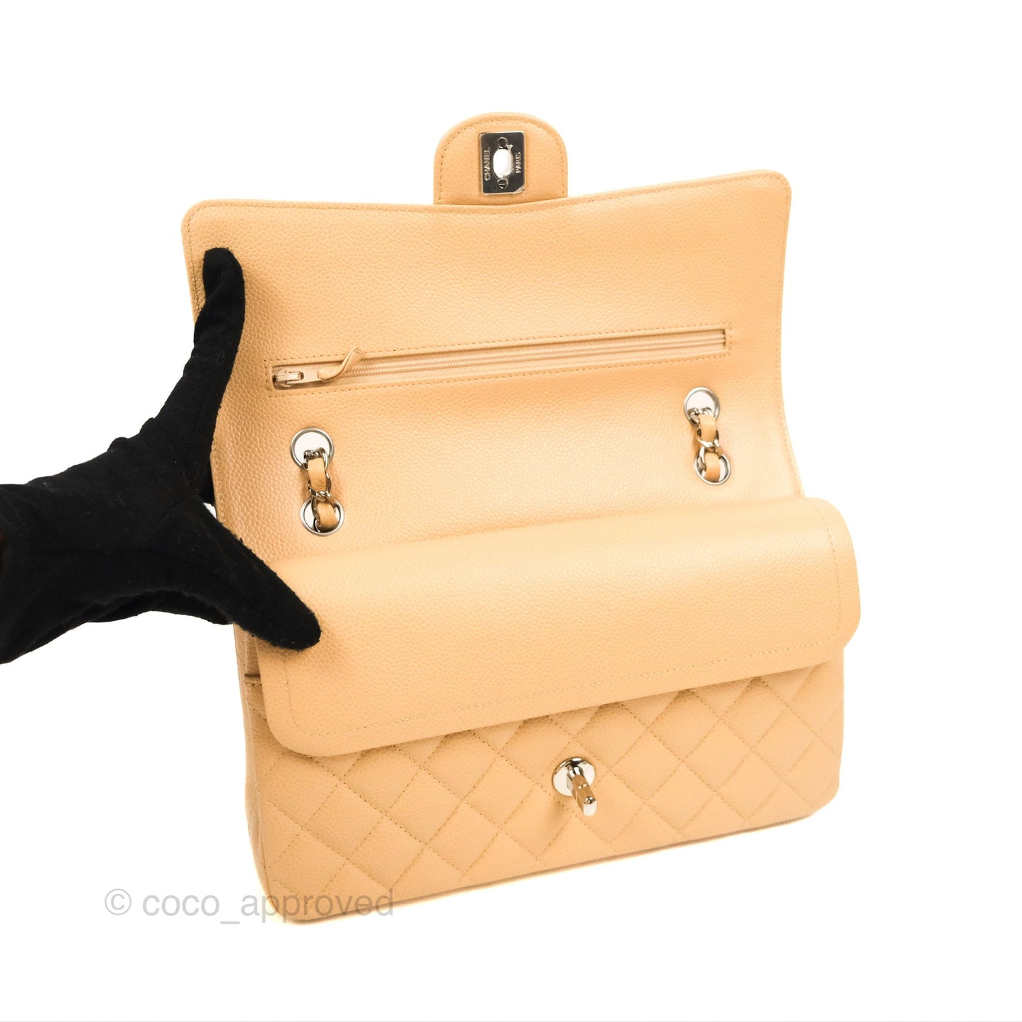 Chanel Classic M/L Medium Flap Quilted Beige Caviar Silver Hardware