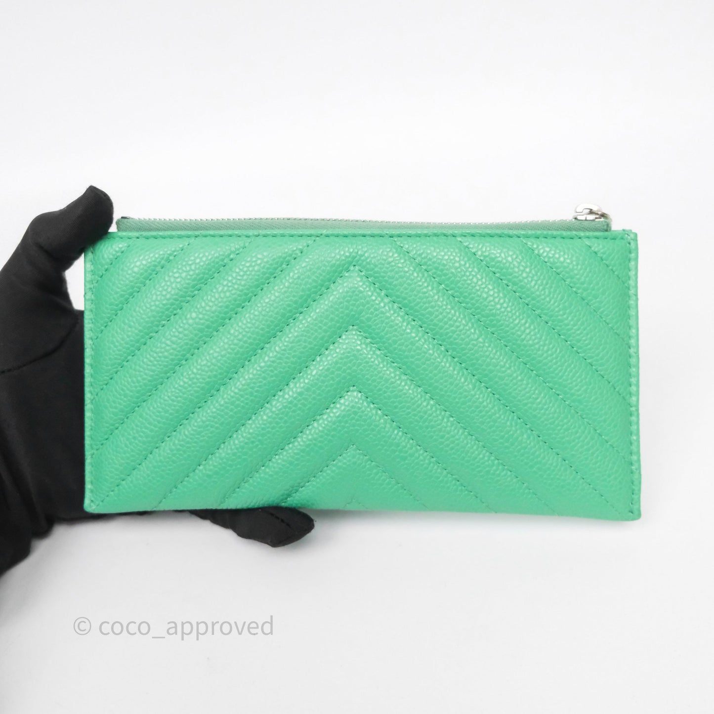 Chanel Long Zip Chevron Green Wallet Silver Hardware