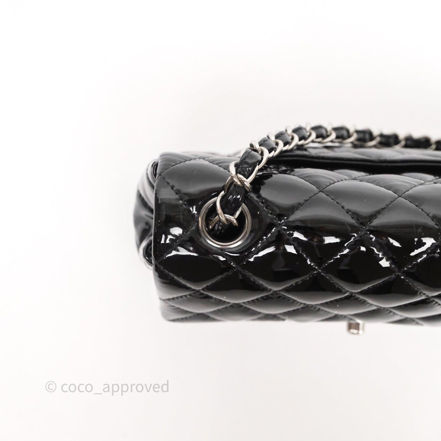Chanel Quilted Mini Rectangular Flap Black Patent Silver Hardware