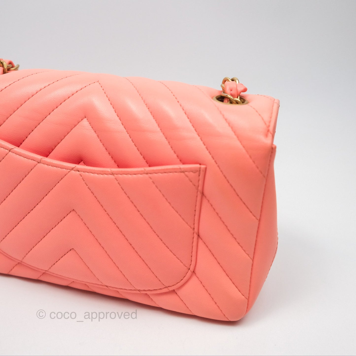 Chanel Chevron Mini Rectangular Flap Peach Pink Lambskin Aged Gold Hardware