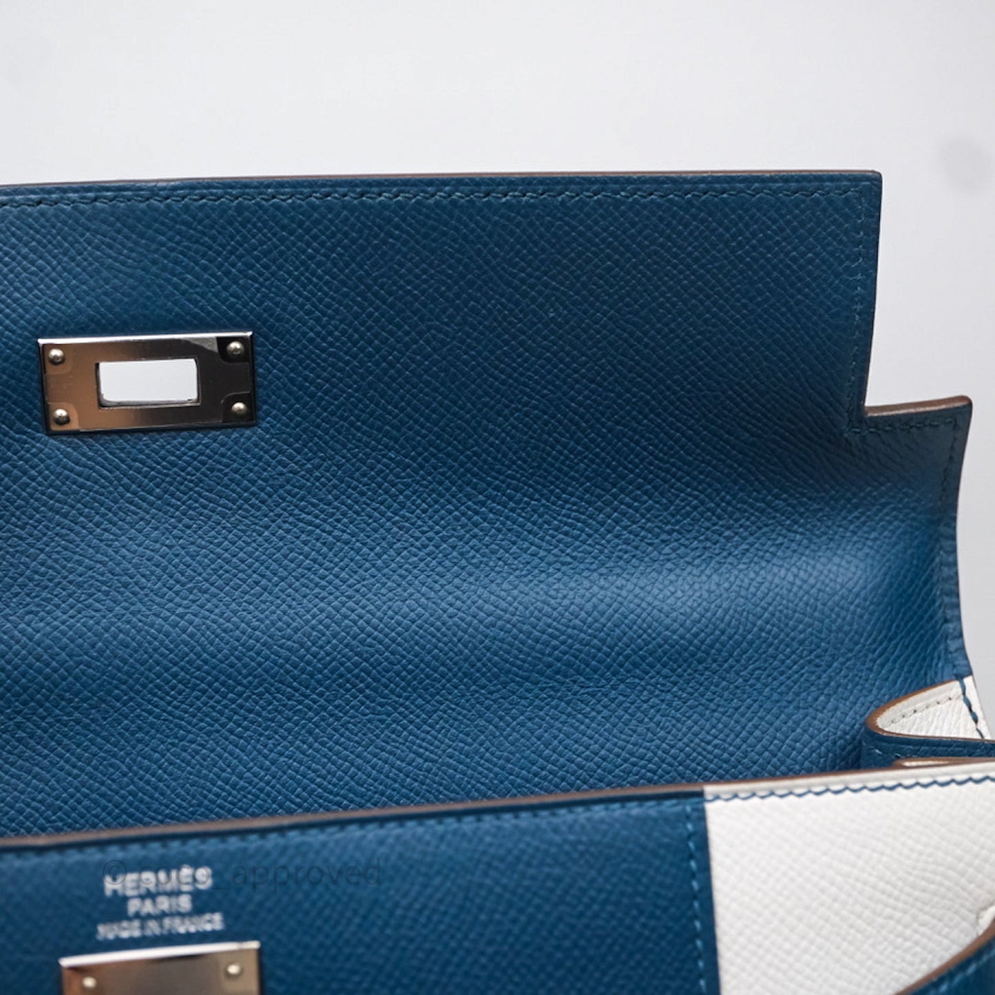 Hermès Kelly 32 Sellier Bleu Thalassa 7A/ White Epsom Palladium Hardware