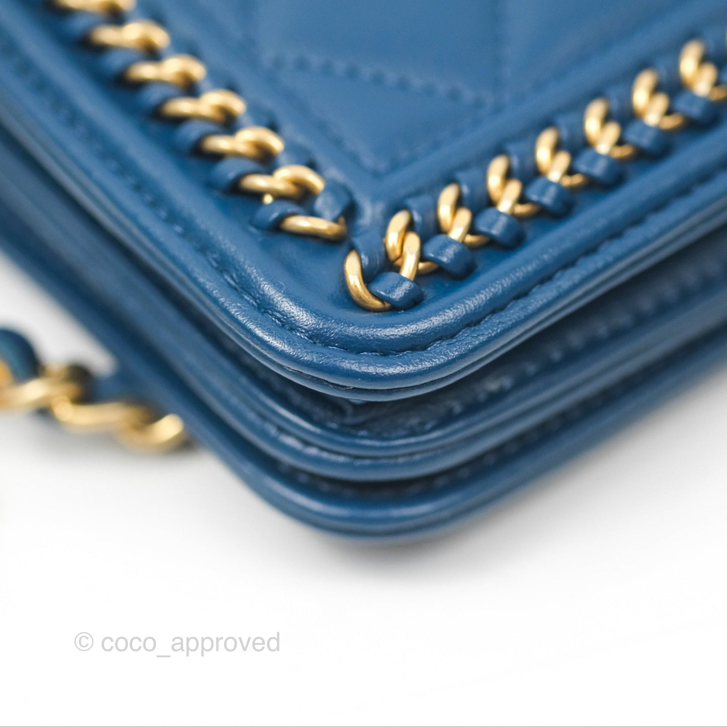 Chanel Quilted Boy Wallet on Chain WOC Blue Calfskin Aged Gold Hardware