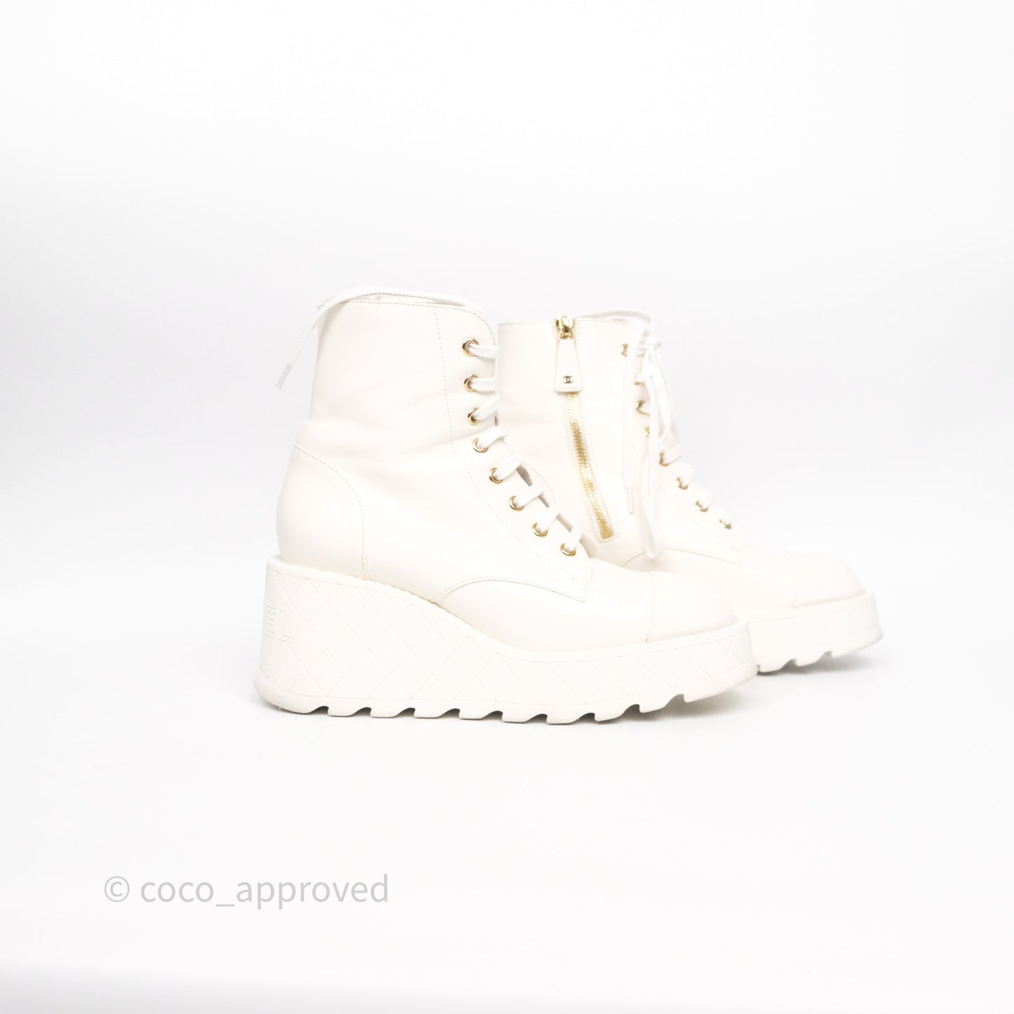 Chanel Logo Wedge Combat Boots White Size 38.5