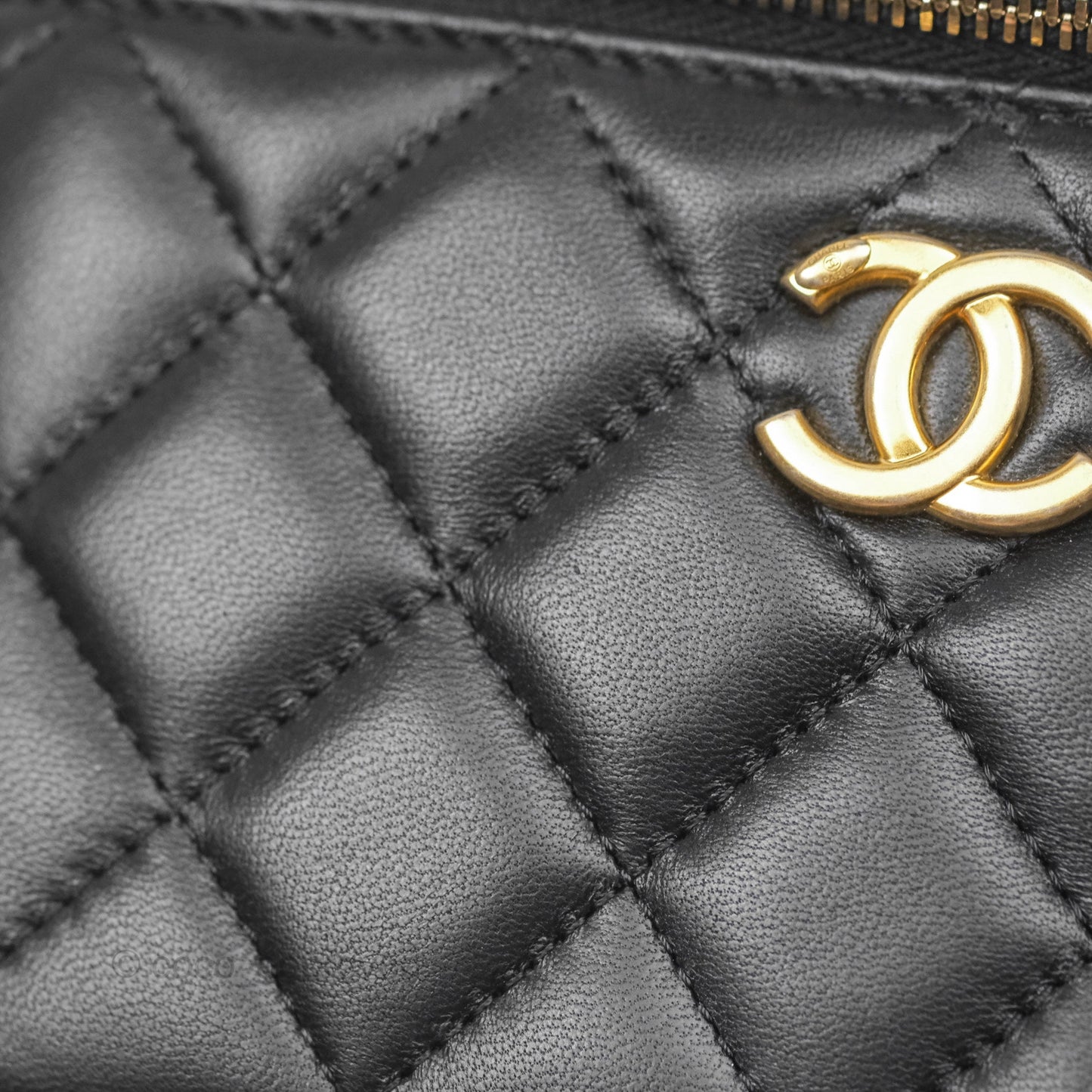 Chanel Quilted Vanity Rectangular with Camellia Adjustable Chain Black Lambskin 23S
