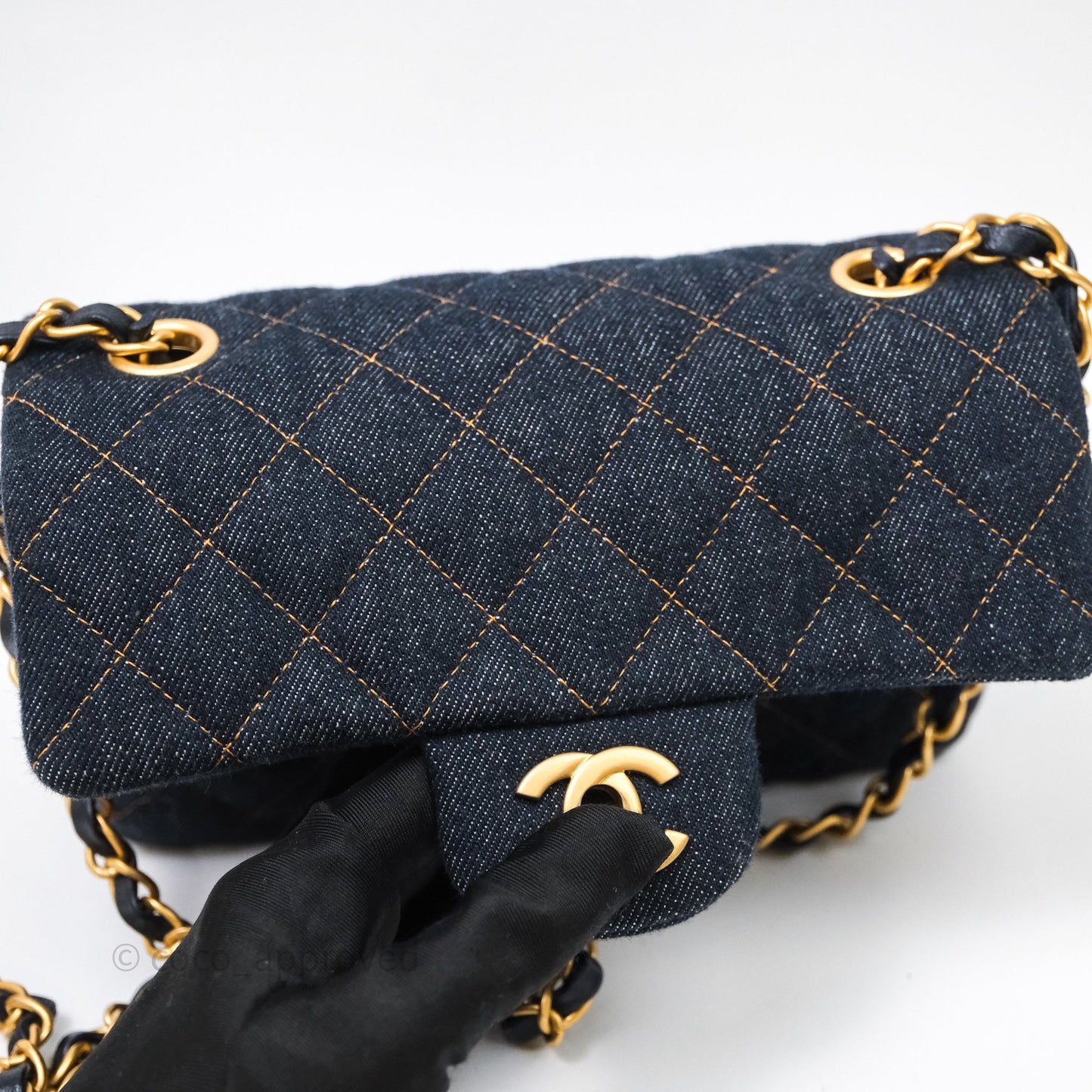 Chanel Mini Rectangular Quilted Dark Blue Denim Aged Gold Hardware