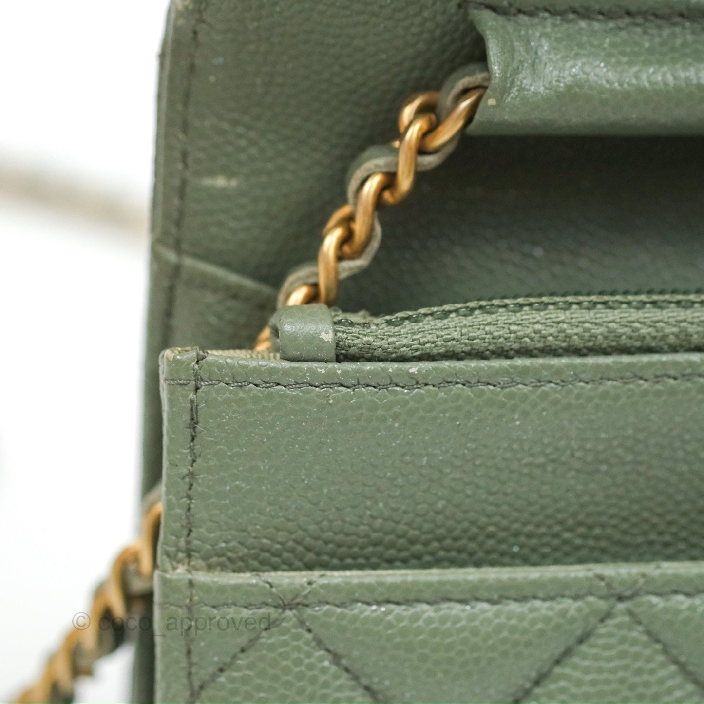 Chanel Classic Quilted Wallet On Chain WOC Glitter Dark Tiffany Green Caviar Aged Gold Hardware