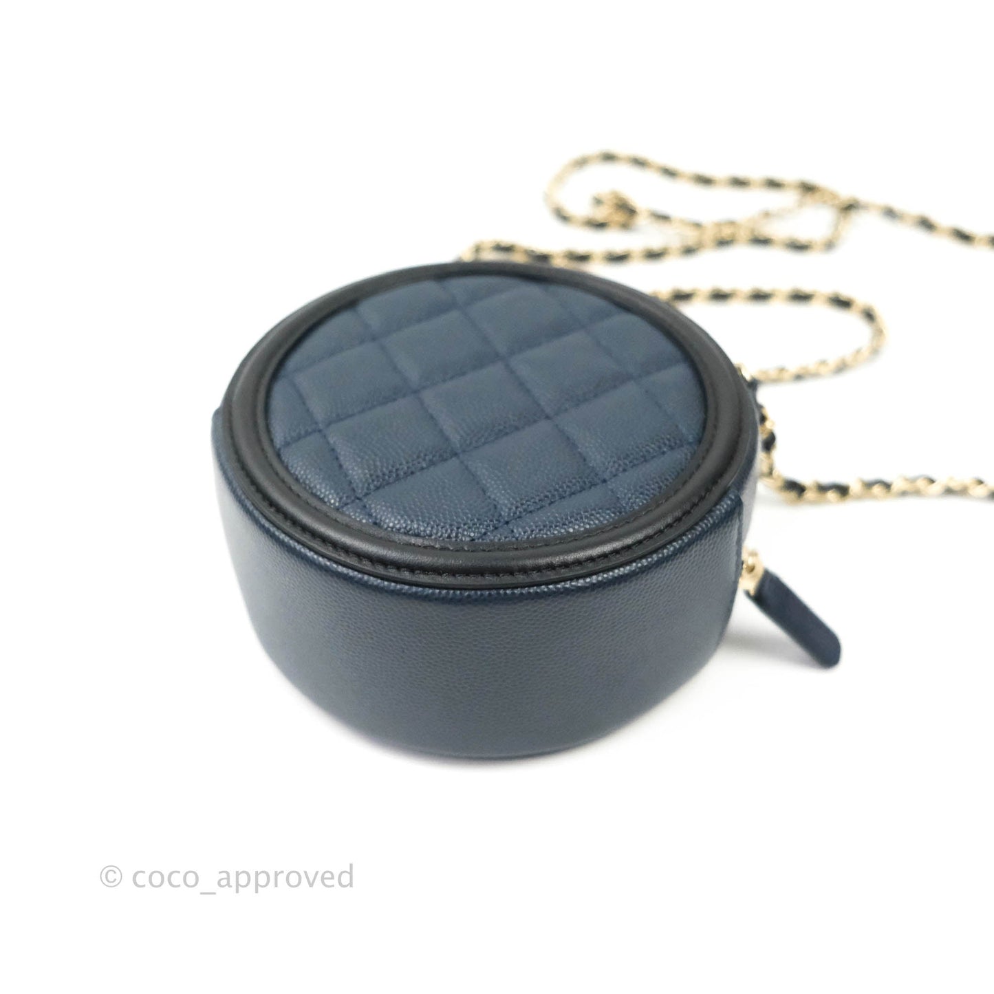 Chanel Quilted Round Filigree Clutch With Chain Navy Black Caviar Gold Hardware