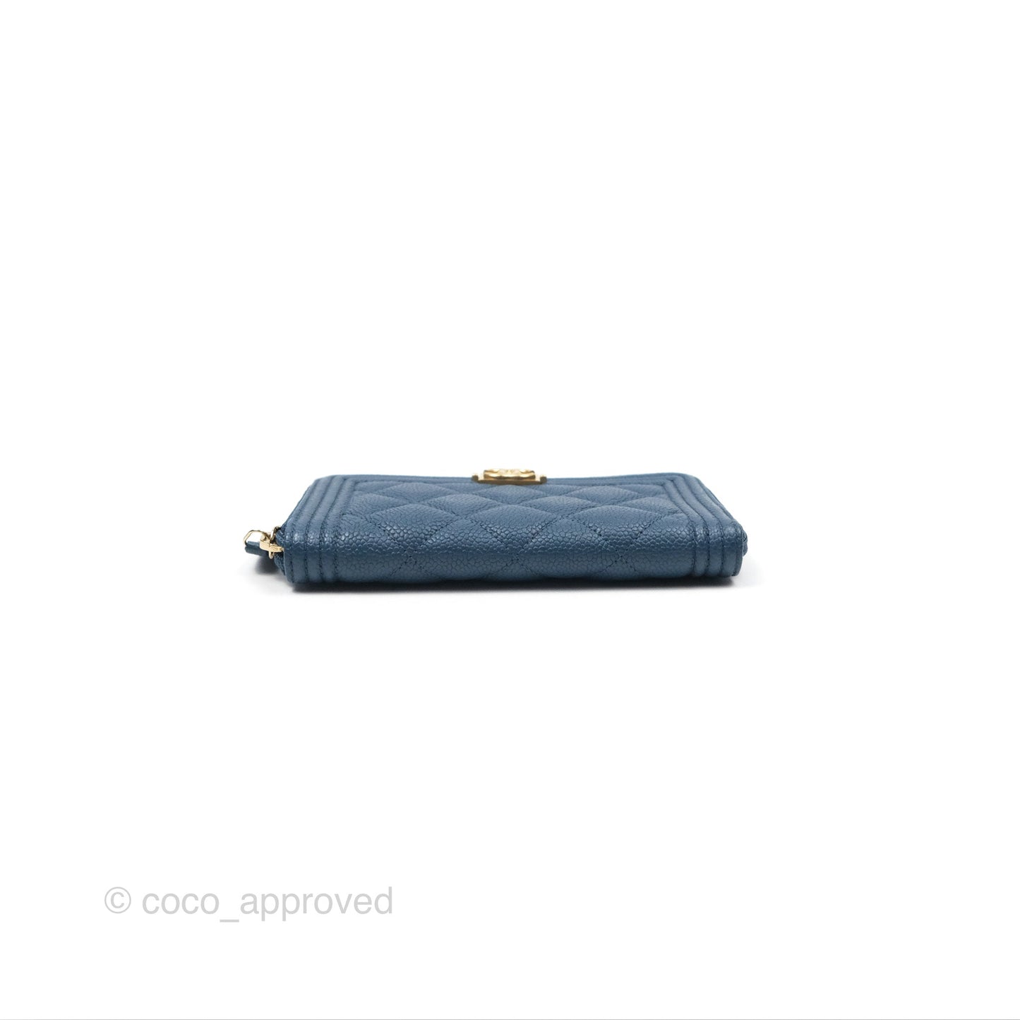 Chanel Quilted Boy Zip Card Holder Blue Caviar Aged Gold Hardware