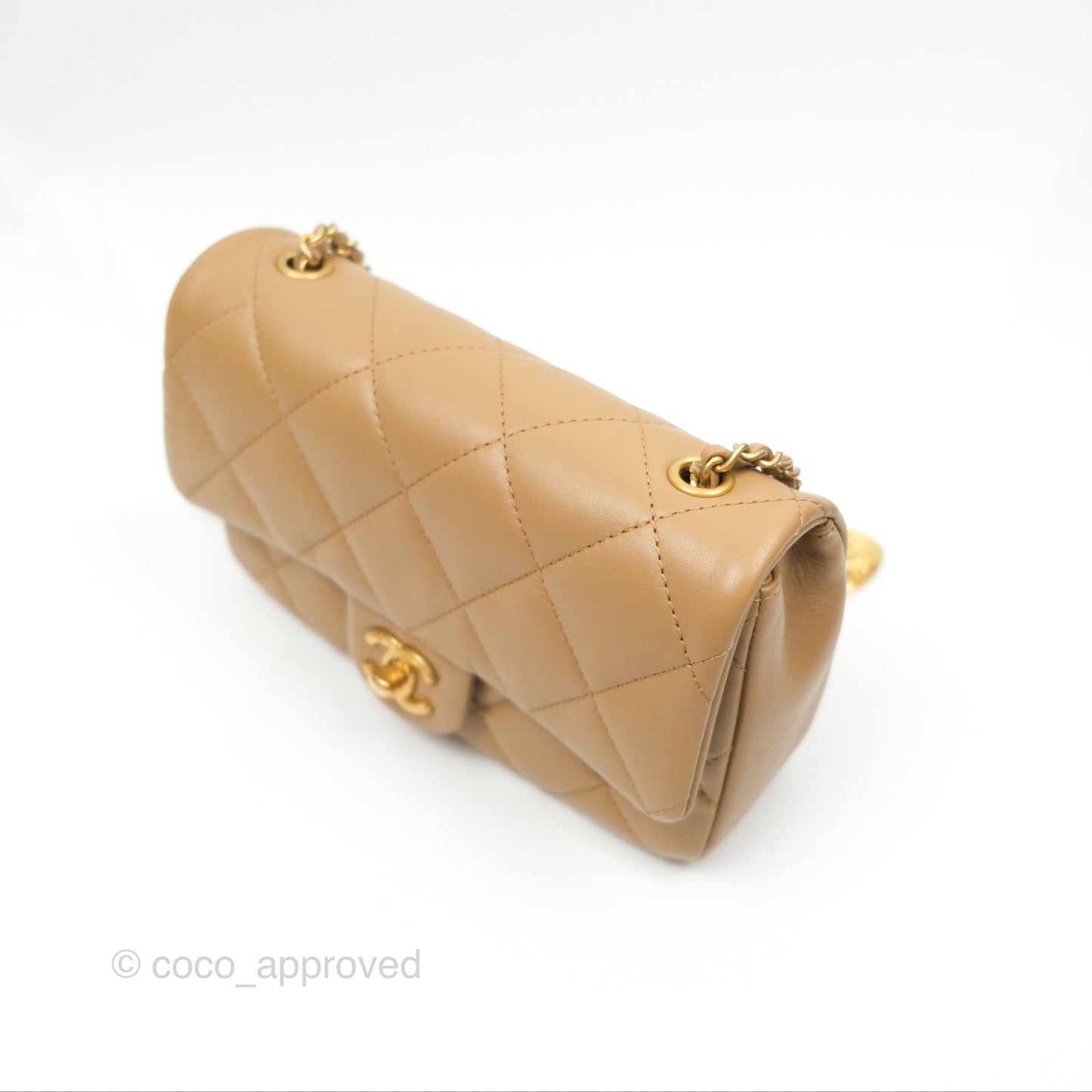 Chanel Mini Flap Bag With Heart CC Charm Dark Beige Lambskin Aged Gold Hardware