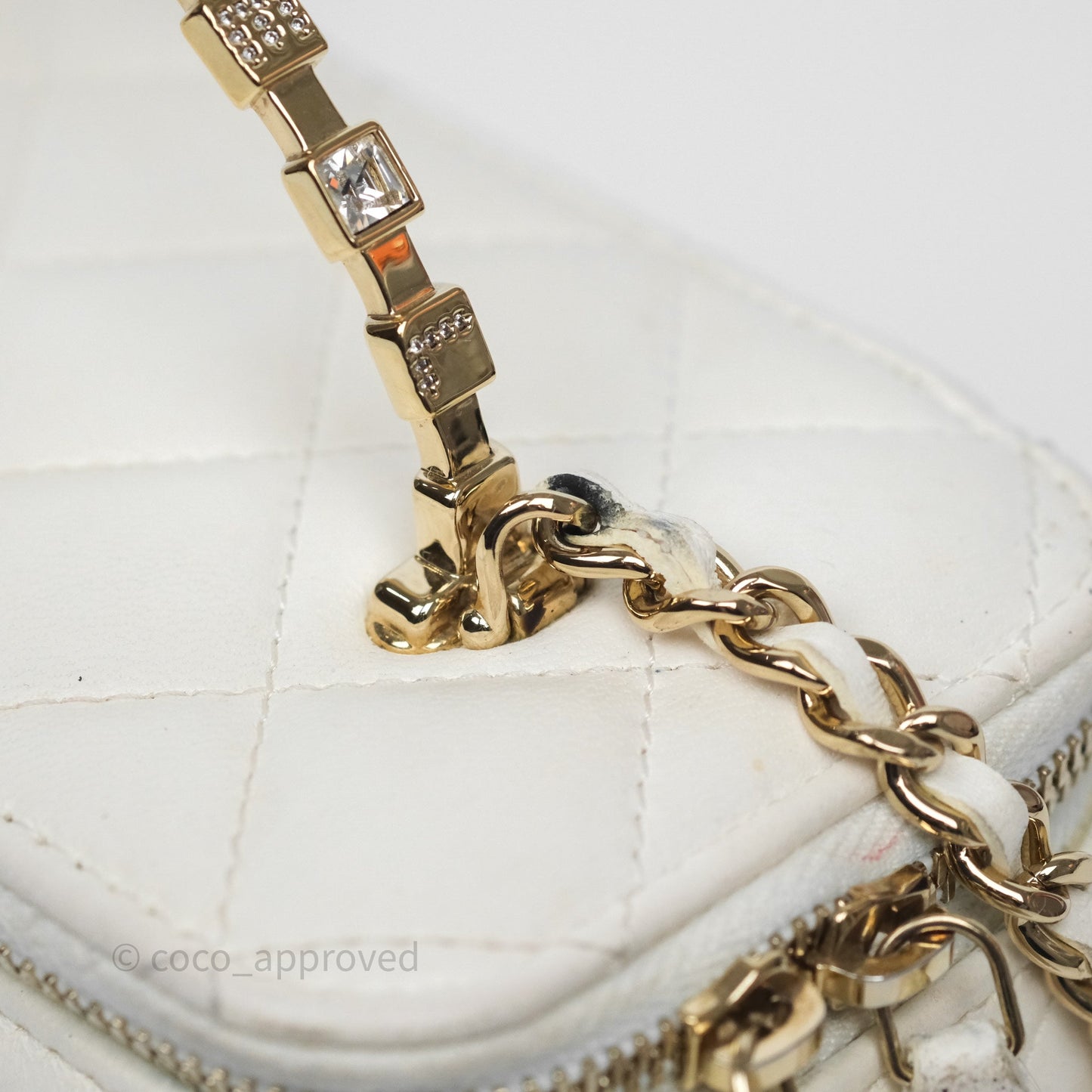 Chanel Logo Crystals Top Handle Vanity Rectangular White Lambskin Gold Hardware
