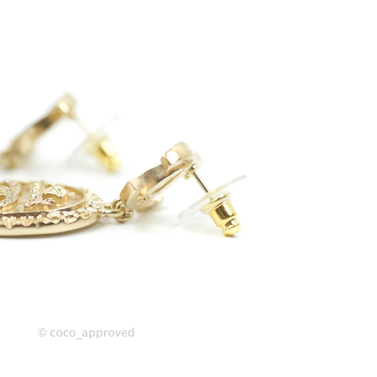 Chanel CC Plate Drop Earrings Matte Gold 21A