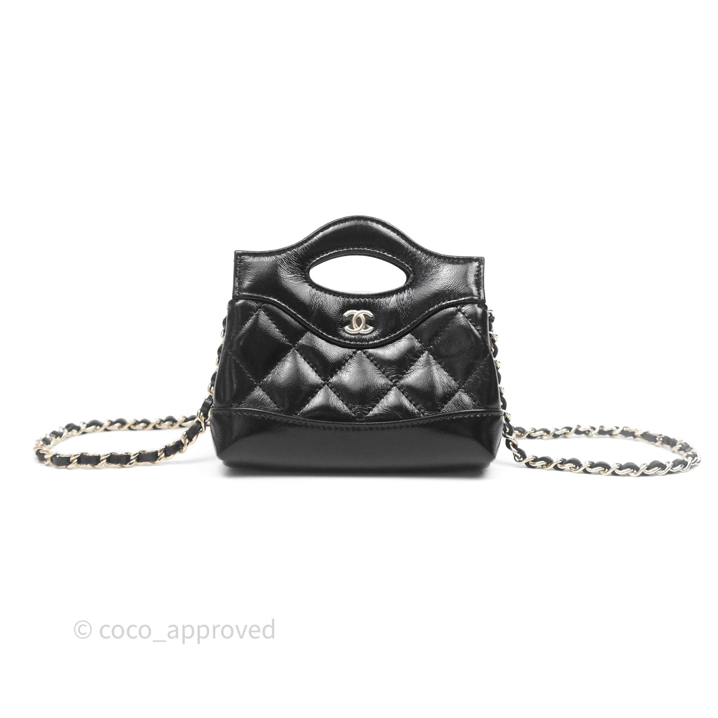 Chanel Micro 31 Clutch With Chain Black Shiny Calfskin Gold Hardware
