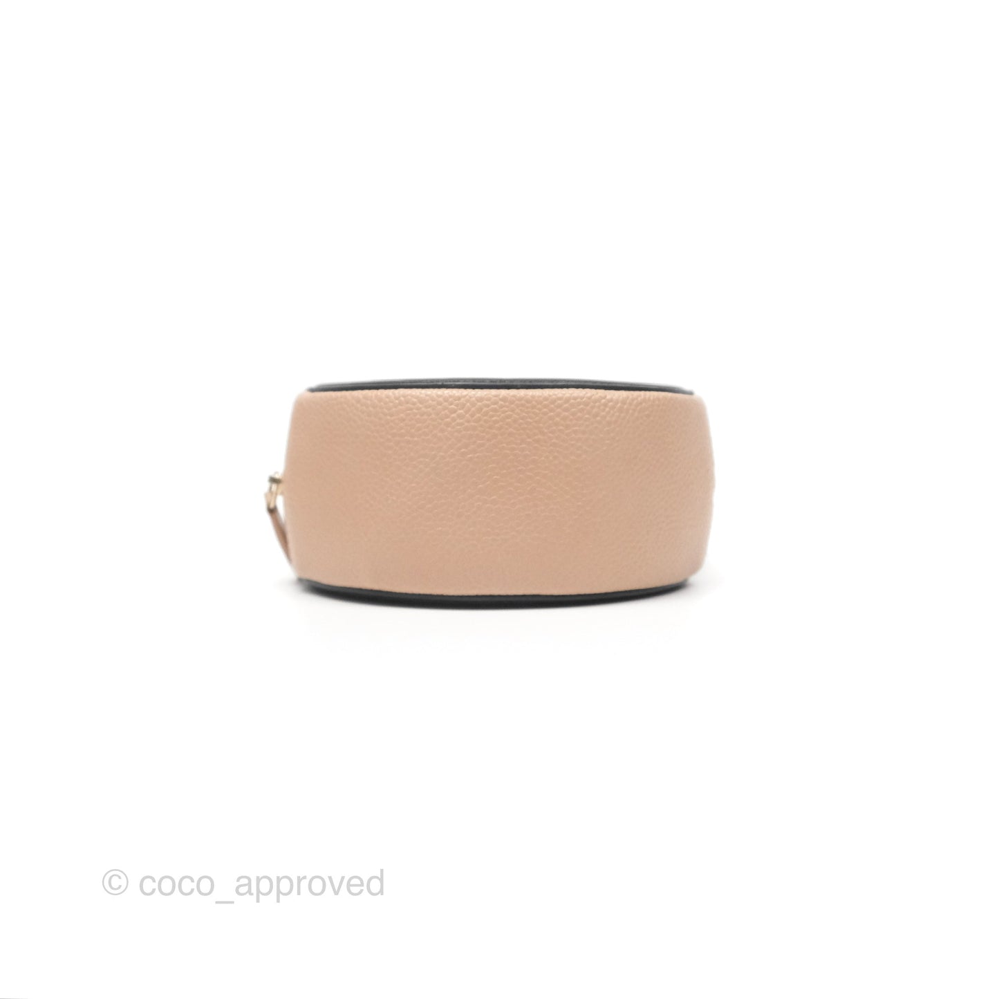 Chanel Quilted Round Filigree Clutch With Chain Beige Black Caviar Gold Hardware