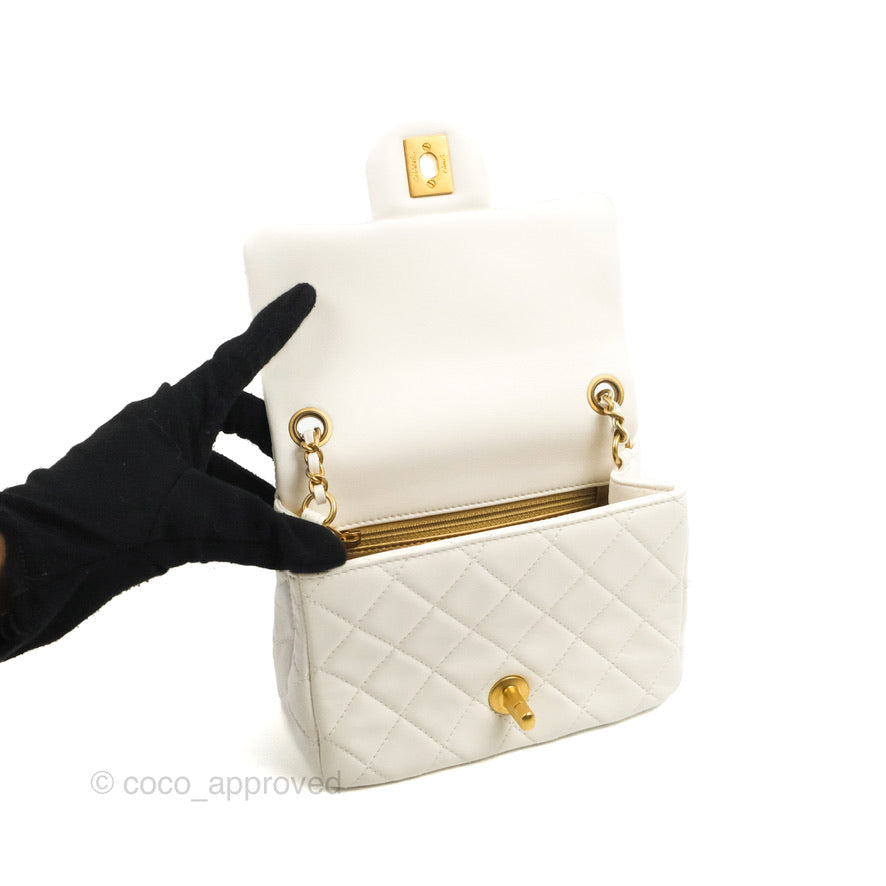 Chanel Mini Square Pearl Crush Quilted White Lambskin Aged Gold Hardware