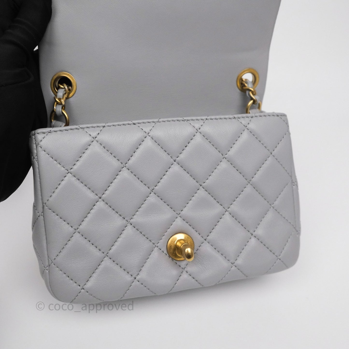 Chanel Pearl Crush Mini Square Quilted Grey Lambskin Aged Gold Hardware