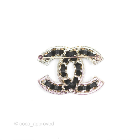 Chanel CC Crystal Braided Leather Black Brooch Gold Tone 24V
