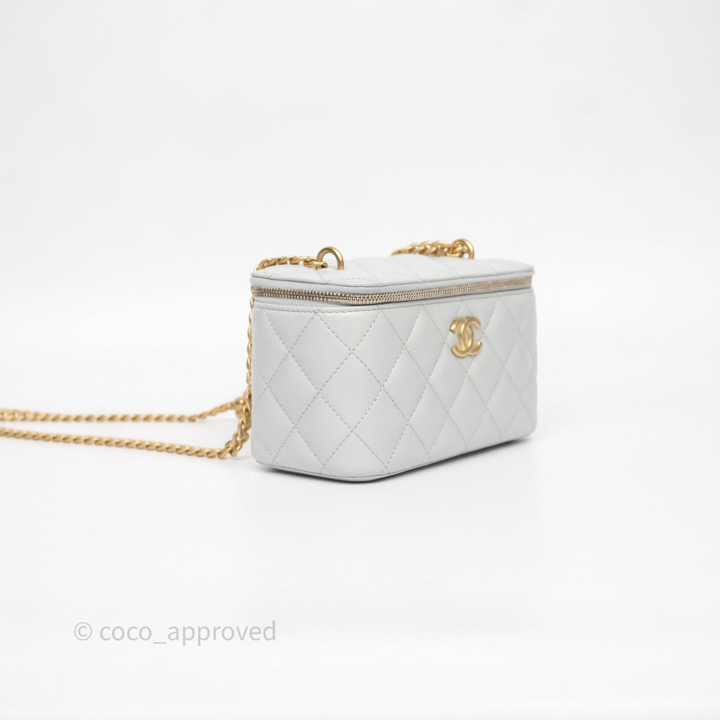 Chanel Quilted Vanity Rectangular with Camellia Adjustable Chain Blue Grey Lambskin Aged Gold Hardware