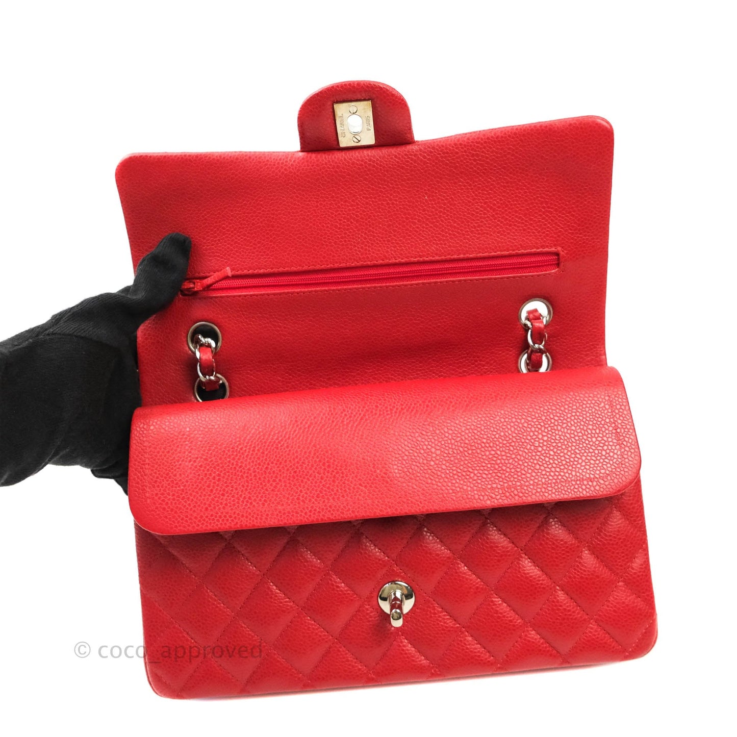 Chanel Classic M/L Medium Double Flap Red Caviar Silver Hardware