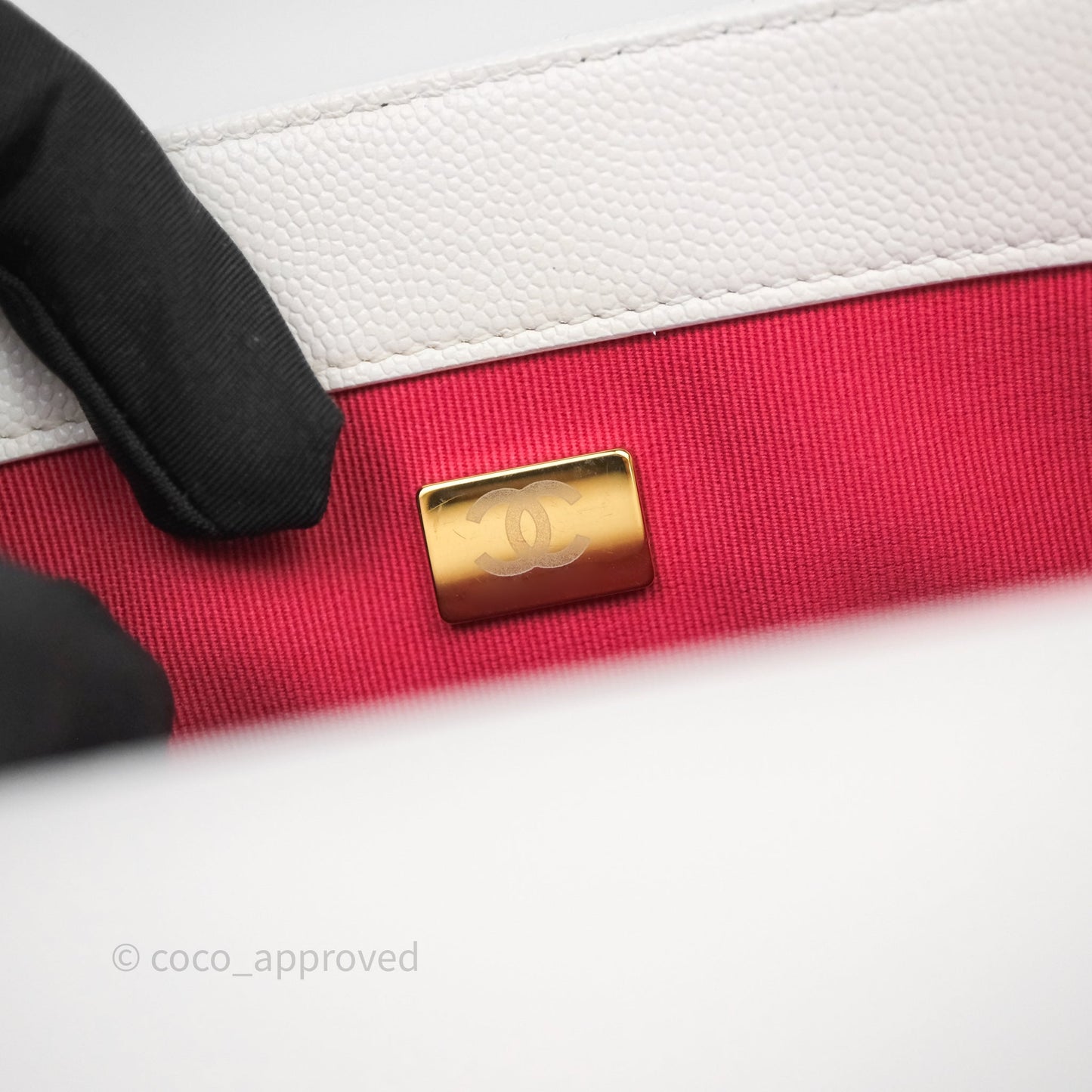 Chanel Bracelet On Chain Small Flap Bag White Caviar Aged Gold Hardware